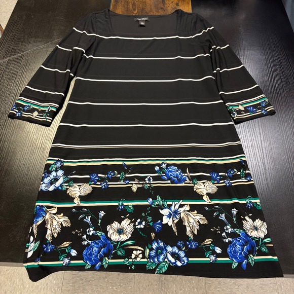 White House Black Market Dresses & Skirts - White House Black Market Floral Stripe Dress Black Blue Square Neck 3/4 Sleeve M